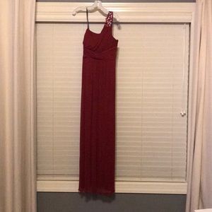 Red floor length one shoulder dress with beads